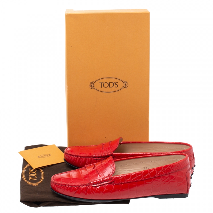 Pre Owned Tod's Red Croc Embossed Leather Penny Slip On Loafers Size 37.5