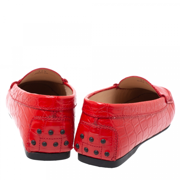 Pre Owned Tod's Red Croc Embossed Leather Penny Slip On Loafers Size 37.5