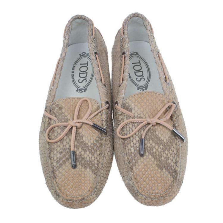 Pre Owned Tod's Beige Python Bow Loafers Size 38