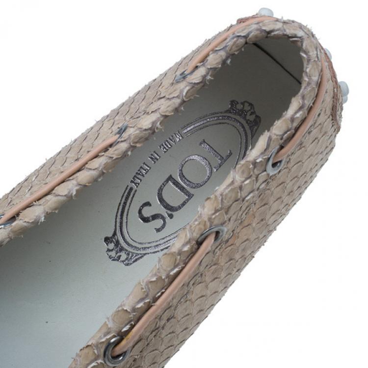 Pre Owned Tod's Beige Python Bow Loafers Size 38