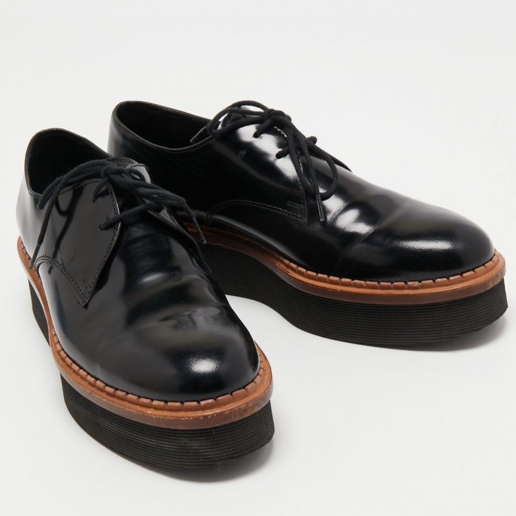 Pre Owned Tod's Black Patent Leather Derby Platform Loafers Size 38