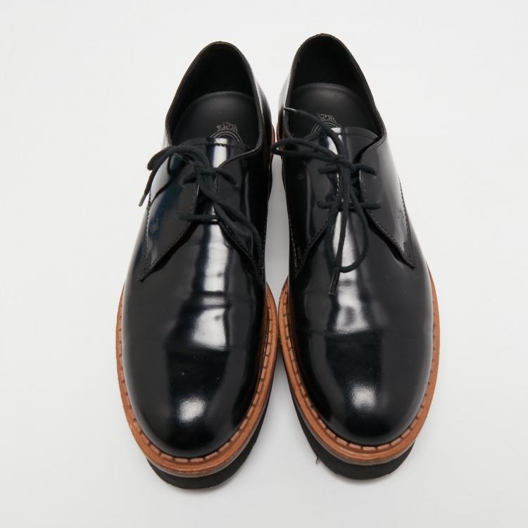 Pre Owned Tod's Black Patent Leather Derby Platform Loafers Size 38