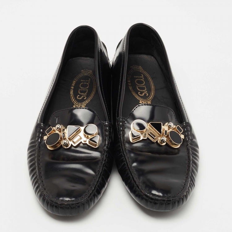 Pre Owned Tod's Black Leather Jeweled Slip On Loafers Size 39