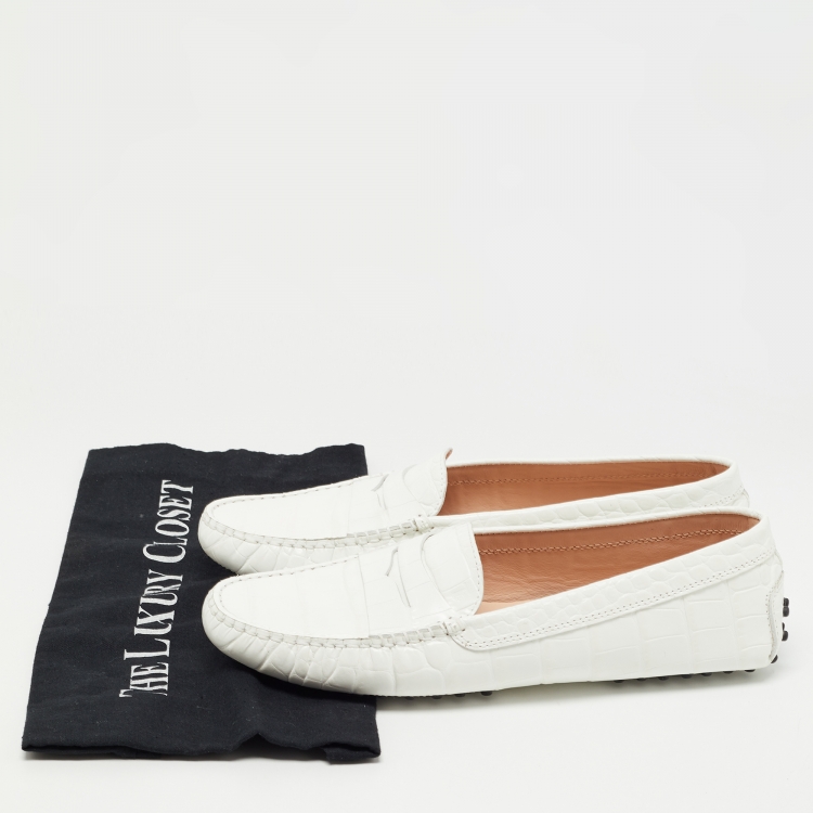 Pre Owned Tod's White Croc Embossed Leather Penny Loafers Size 40