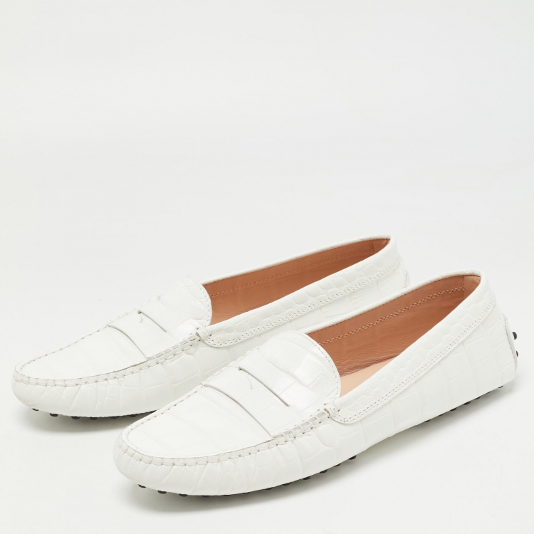 Pre Owned Tod's White Croc Embossed Leather Penny Loafers Size 40