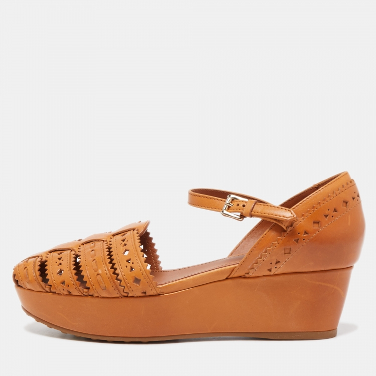 Pre Owned Tod's Brown Cutout Leather Ankle Strap Wedge Sandals Size 38.5