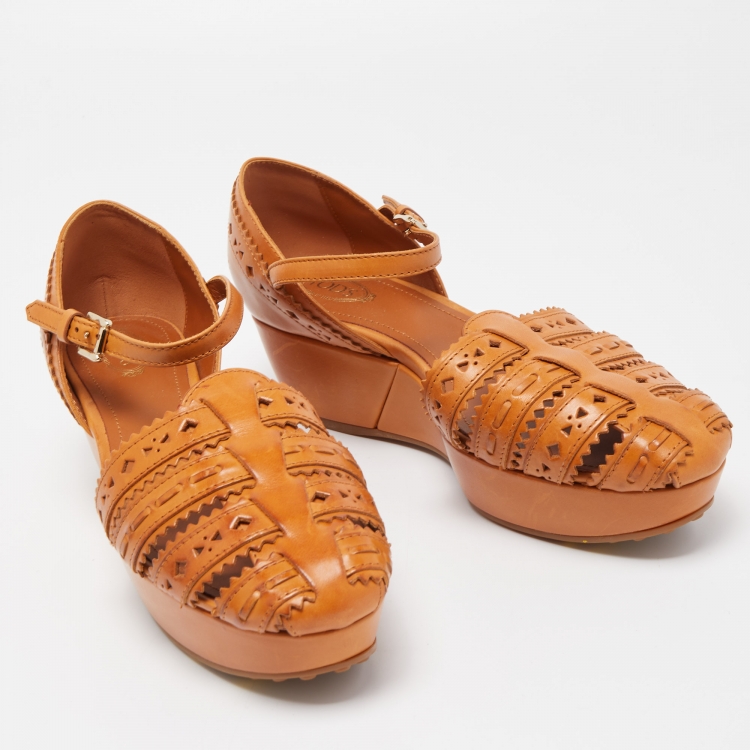 Pre Owned Tod's Brown Cutout Leather Ankle Strap Wedge Sandals Size 38.5