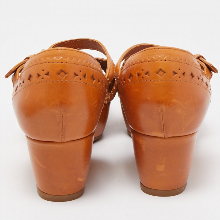 Pre Owned Tod's Brown Cutout Leather Ankle Strap Wedge Sandals Size 38.5