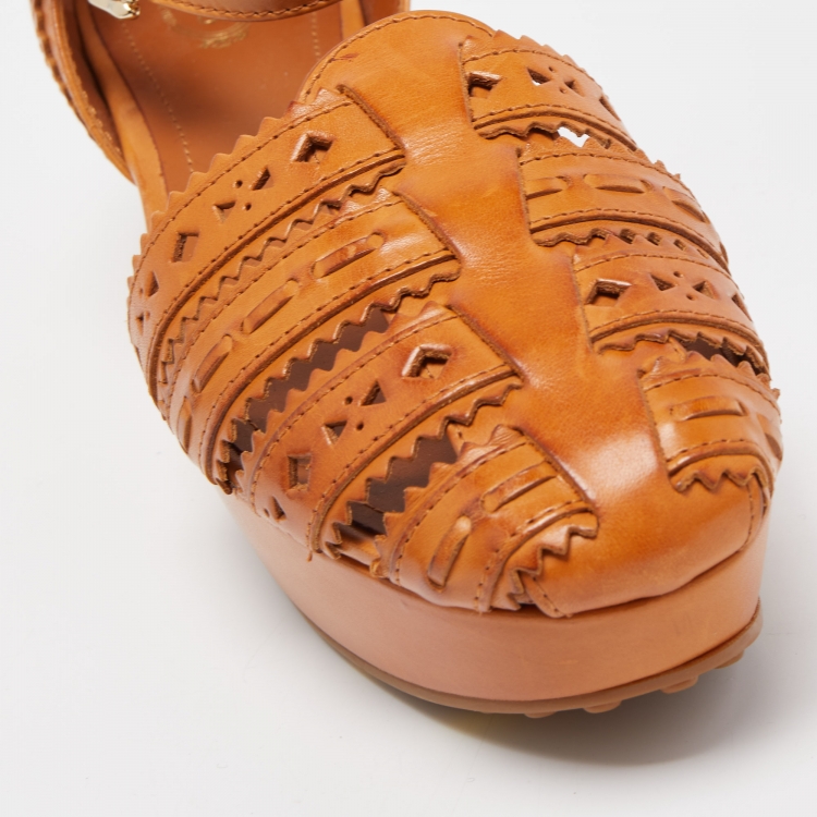Pre Owned Tod's Brown Cutout Leather Ankle Strap Wedge Sandals Size 38.5