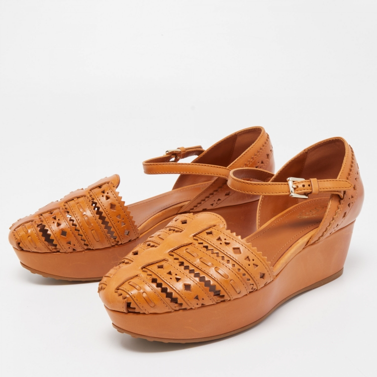Pre Owned Tod's Brown Cutout Leather Ankle Strap Wedge Sandals Size 38.5