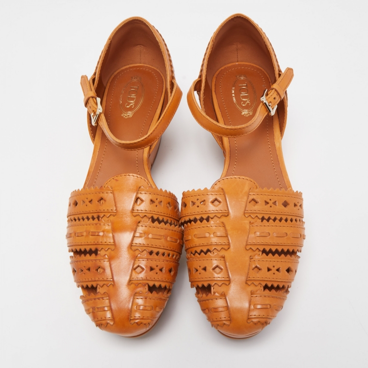 Pre Owned Tod's Brown Cutout Leather Ankle Strap Wedge Sandals Size 38.5