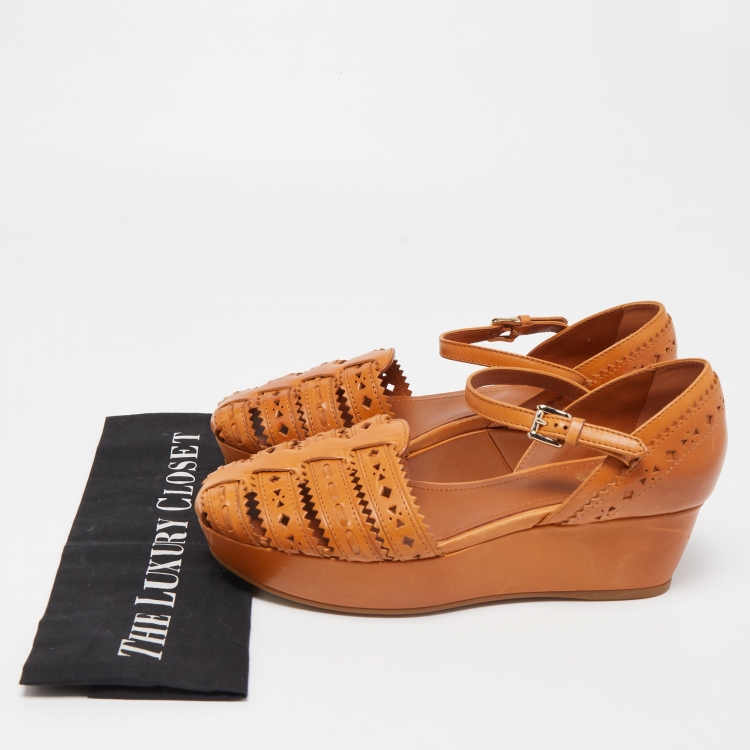 Pre Owned Tod's Brown Cutout Leather Ankle Strap Wedge Sandals Size 38.5