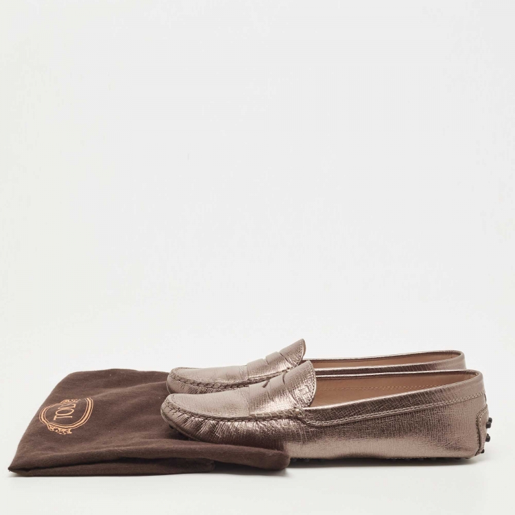 Pre Owned Tod's Metallic Leather Gommino Penny Slip On Loafers Size 38.5