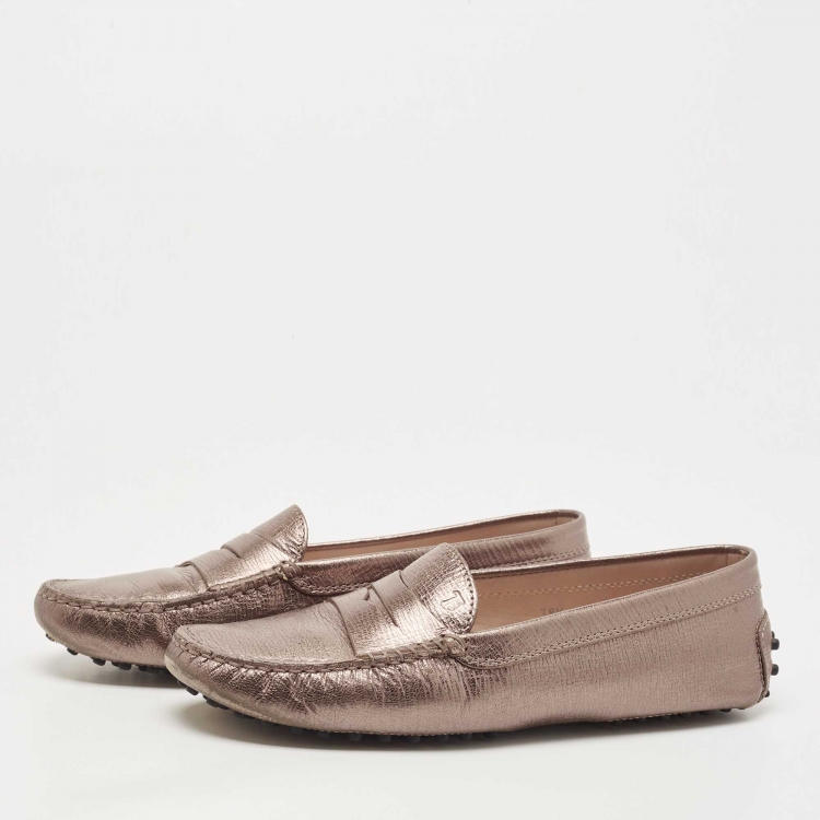 Pre Owned Tod's Metallic Leather Gommino Penny Slip On Loafers Size 38.5