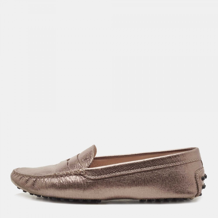 Pre Owned Tod's Metallic Leather Gommino Penny Slip On Loafers Size 38.5