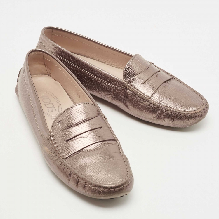 Pre Owned Tod's Metallic Leather Gommino Penny Slip On Loafers Size 38.5