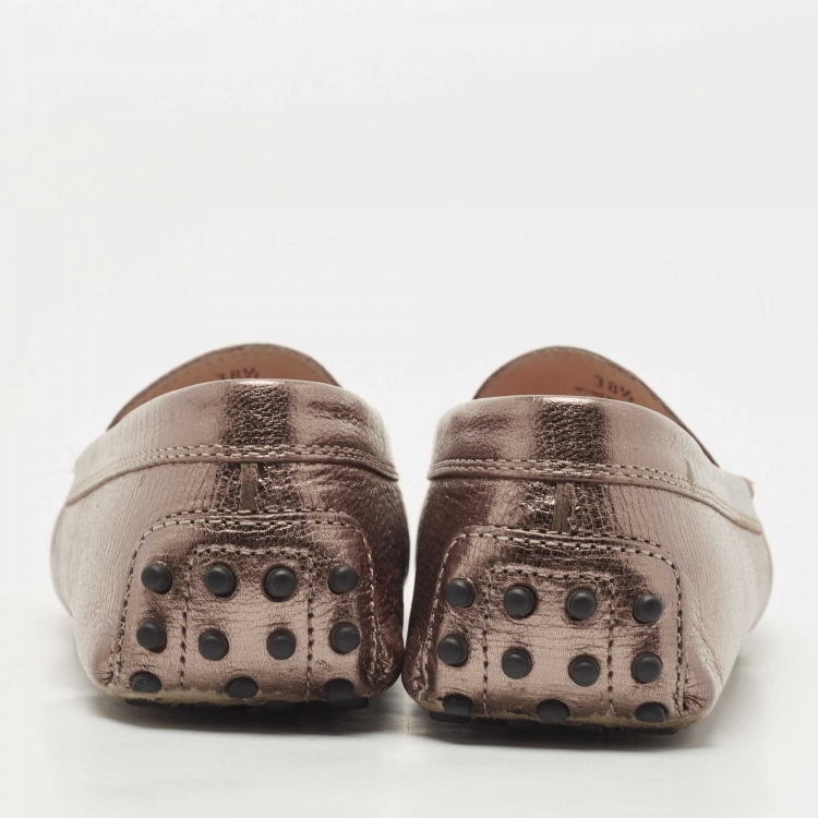 Pre Owned Tod's Metallic Leather Gommino Penny Slip On Loafers Size 38.5