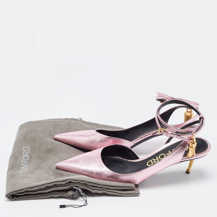 Pre Owned Tom Ford Metallic Pink Lizard Embossed Padlock Ankle Wrap Slingback Pumps Size 41