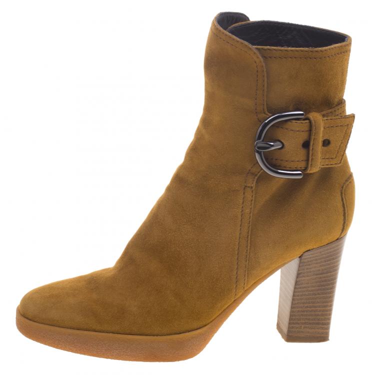 Pre Owned Tod's Caramel Brown Suede Block Heel Ankle Boots Size 37