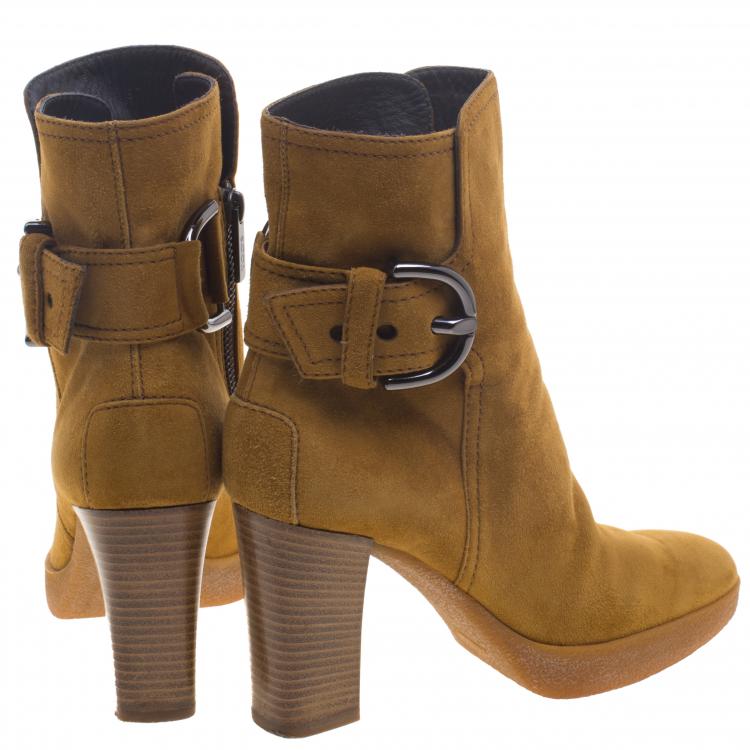 Pre Owned Tod's Caramel Brown Suede Block Heel Ankle Boots Size 37