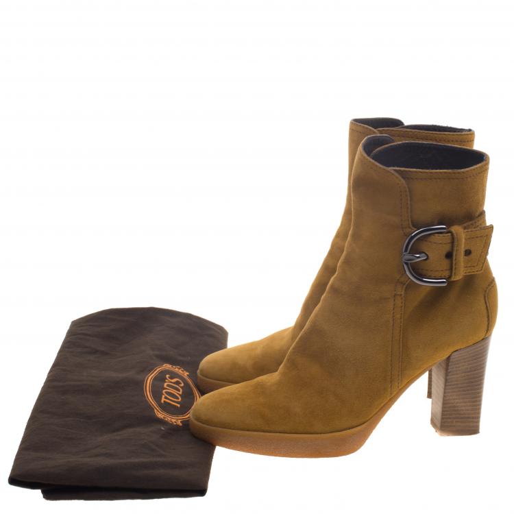Pre Owned Tod's Caramel Brown Suede Block Heel Ankle Boots Size 37
