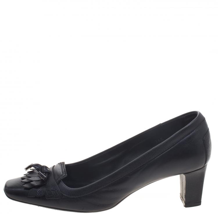 Pre Owned Tod's Black Leather Fringe Loafer Pumps Size 36.5