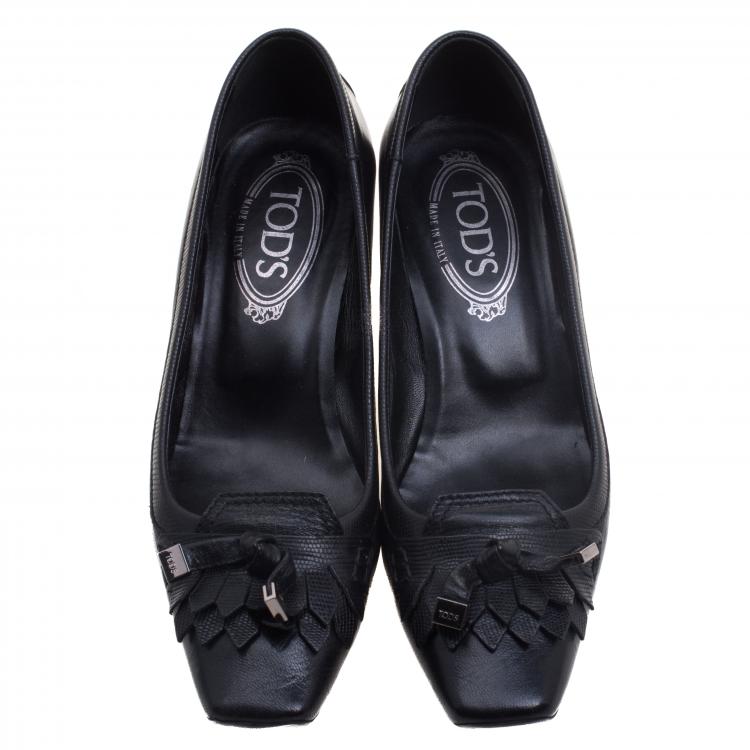 Pre Owned Tod's Black Leather Fringe Loafer Pumps Size 36.5