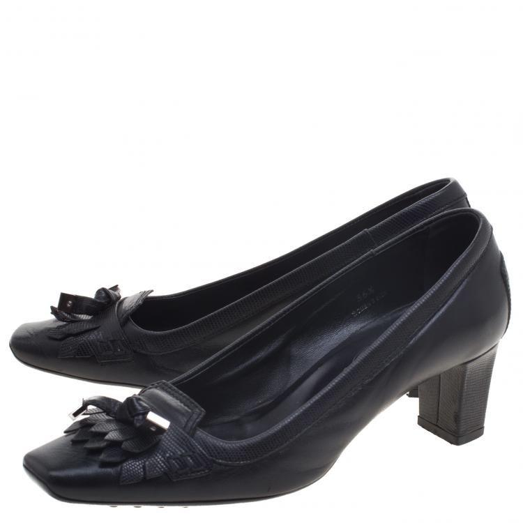 Pre Owned Tod's Black Leather Fringe Loafer Pumps Size 36.5