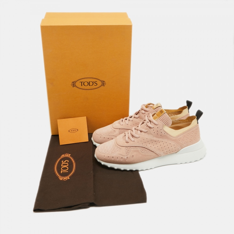 Pre Owned Tod's Pink/Gold Suede and Leather Perforated Low Top Sneakers Size 42