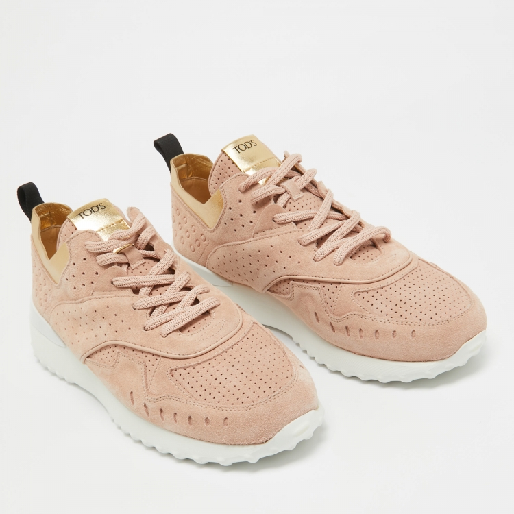 Pre Owned Tod's Pink/Gold Suede and Leather Perforated Low Top Sneakers Size 42