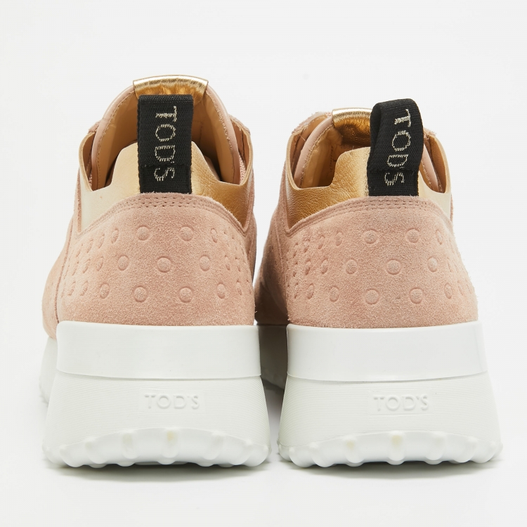 Pre Owned Tod's Pink/Gold Suede and Leather Perforated Low Top Sneakers Size 42