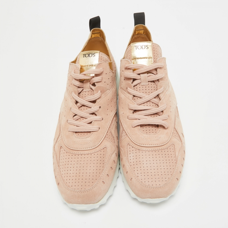 Pre Owned Tod's Pink/Gold Suede and Leather Perforated Low Top Sneakers Size 42