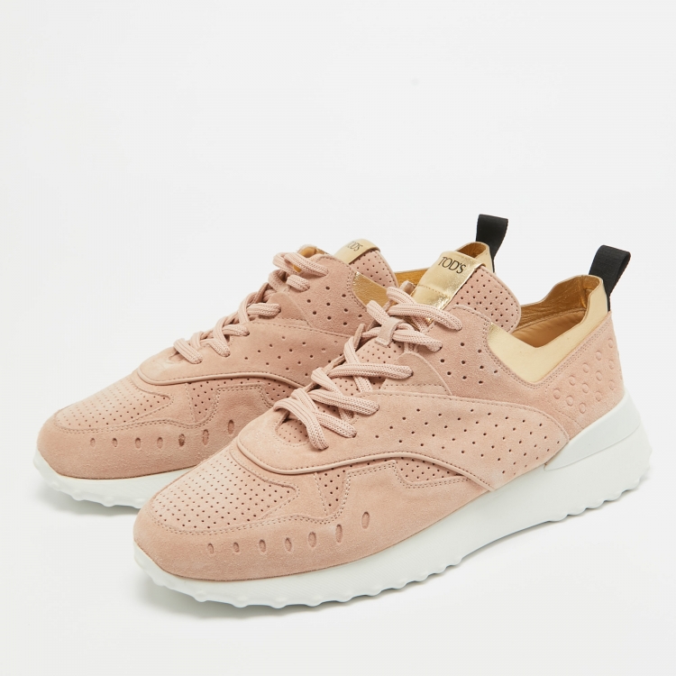Pre Owned Tod's Pink/Gold Suede and Leather Perforated Low Top Sneakers Size 42