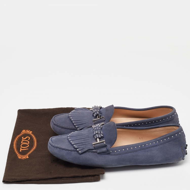 مملوكة مسبقًا Tod's Blue Nubuck Leather Fringe Slip On Loafers Size 41