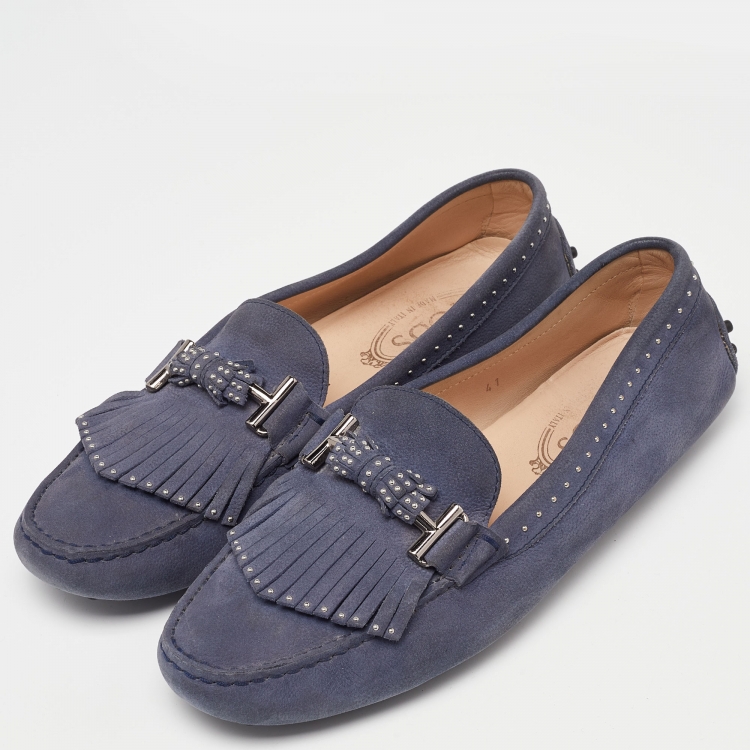 مملوكة مسبقًا Tod's Blue Nubuck Leather Fringe Slip On Loafers Size 41