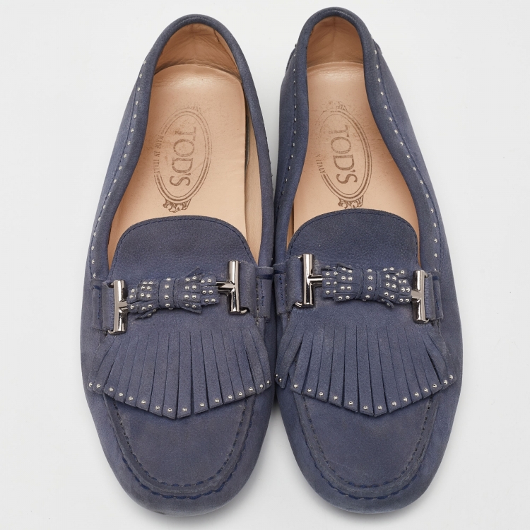 مملوكة مسبقًا Tod's Blue Nubuck Leather Fringe Slip On Loafers Size 41