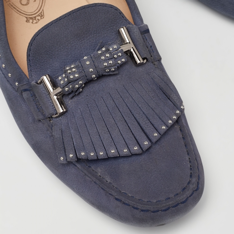 مملوكة مسبقًا Tod's Blue Nubuck Leather Fringe Slip On Loafers Size 41