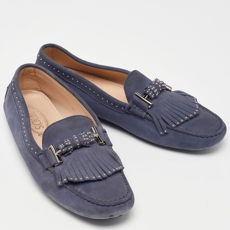 مملوكة مسبقًا Tod's Blue Nubuck Leather Fringe Slip On Loafers Size 41