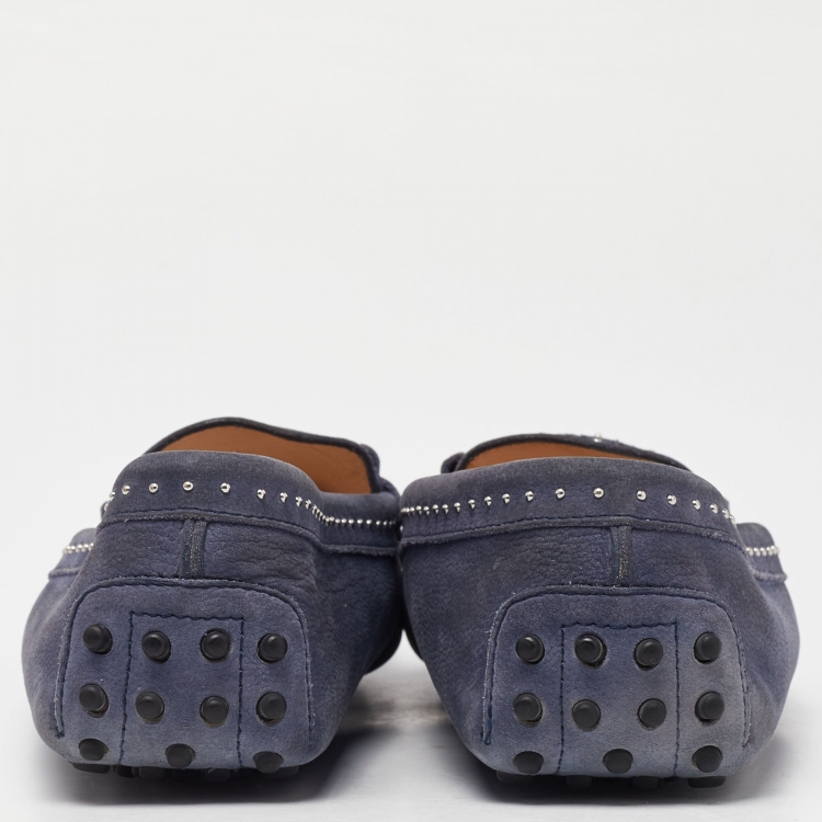مملوكة مسبقًا Tod's Blue Nubuck Leather Fringe Slip On Loafers Size 41