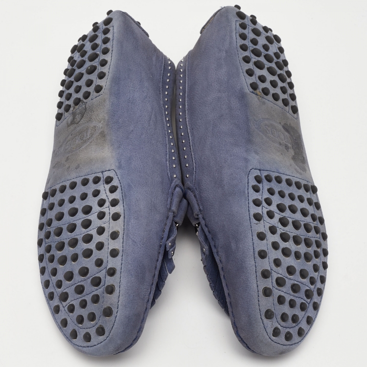 مملوكة مسبقًا Tod's Blue Nubuck Leather Fringe Slip On Loafers Size 41
