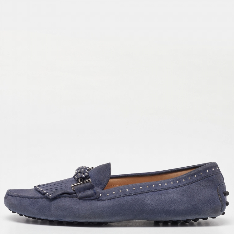 مملوكة مسبقًا Tod's Blue Nubuck Leather Fringe Slip On Loafers Size 41