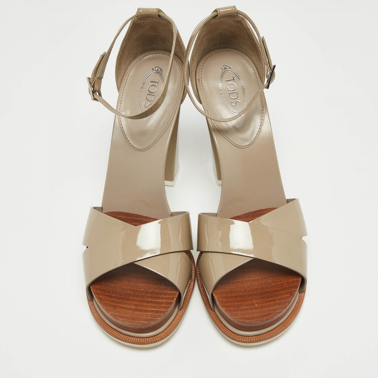 Pre Owned Tod's Grey Patent Leather Ankle Strap Sandals Size 38