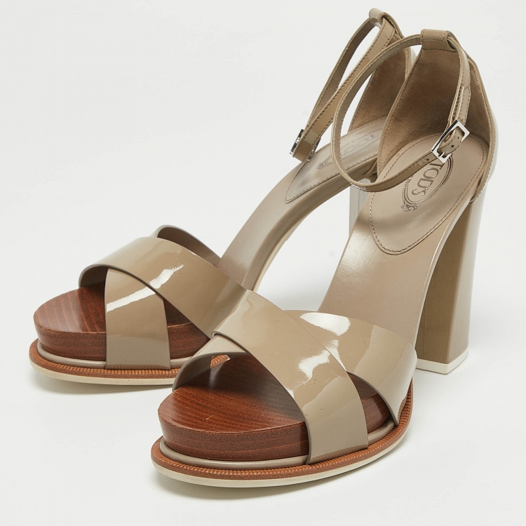 Pre Owned Tod's Grey Patent Leather Ankle Strap Sandals Size 38