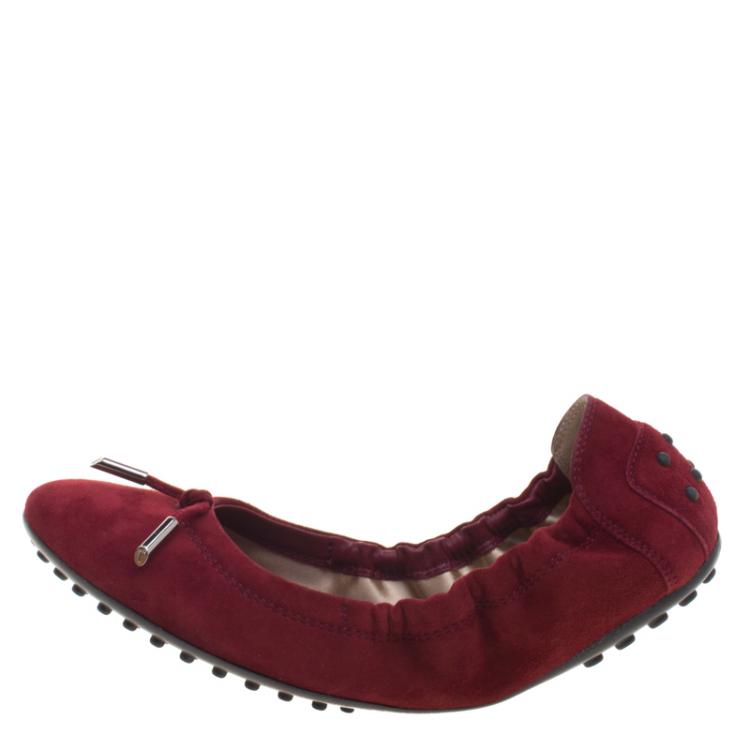 Pre Owned Tod's Burgundy Suede Bow Ballet Flats Size 38