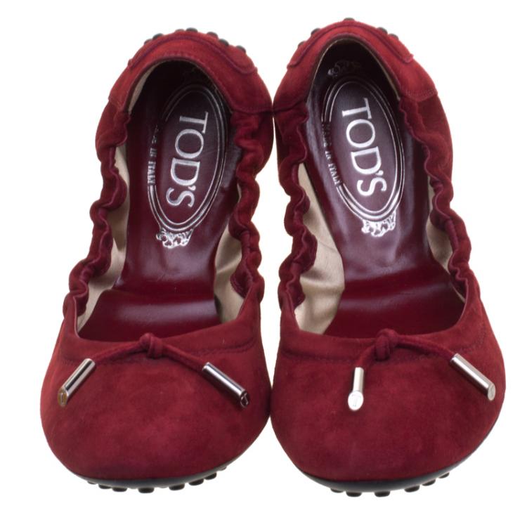 Pre Owned Tod's Burgundy Suede Bow Ballet Flats Size 38