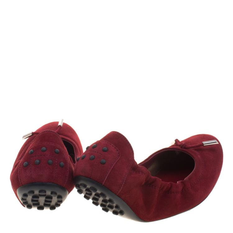 Pre Owned Tod's Burgundy Suede Bow Ballet Flats Size 38