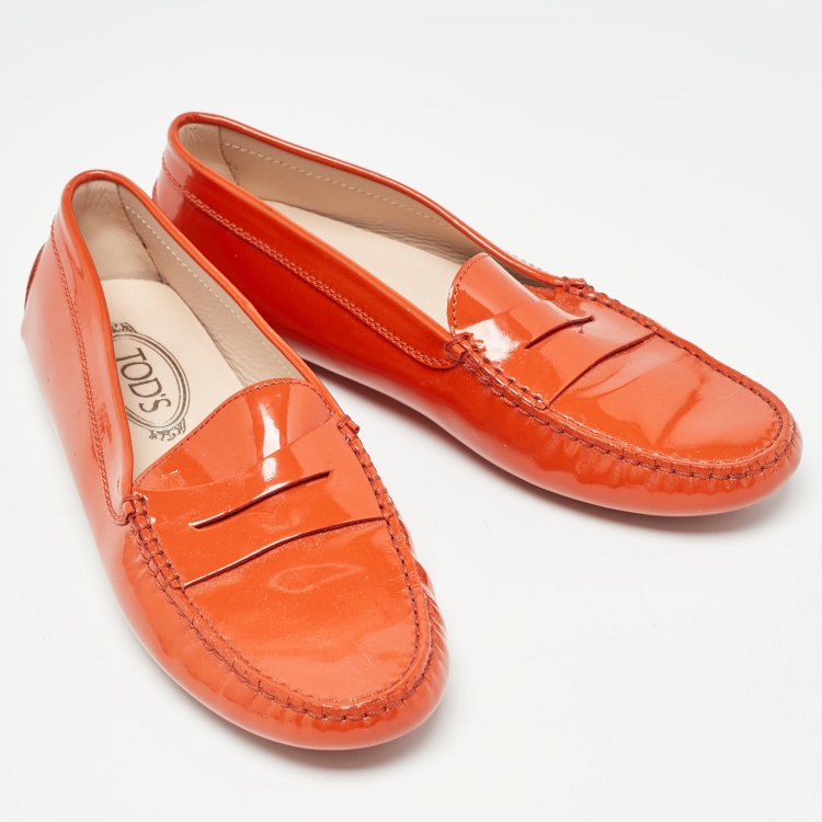 Pre Owned Tod's Orange Patent Leather Penny Loafers Size 40