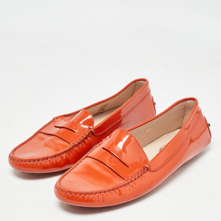 Pre Owned Tod's Orange Patent Leather Penny Loafers Size 40