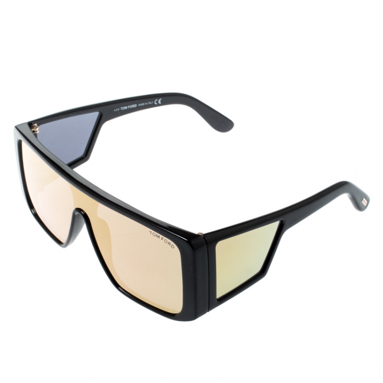 Pre Owned Tom Ford Black/ Blue Gold Mirrored TF 710 Atticus Square Shield Sunglasses