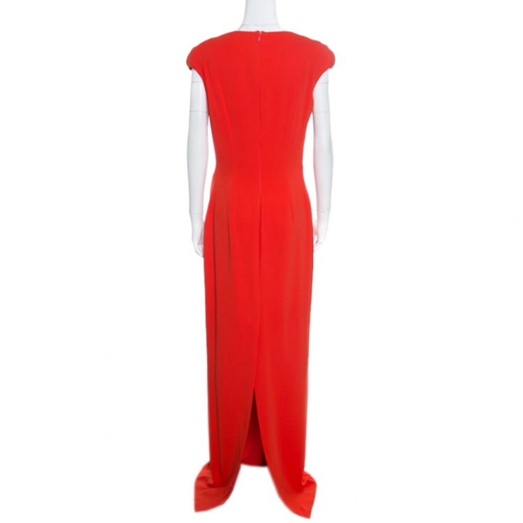 Pre Owned Tom Ford Red Silk Draped Power Shoulder Sleeveless Evening Gown L